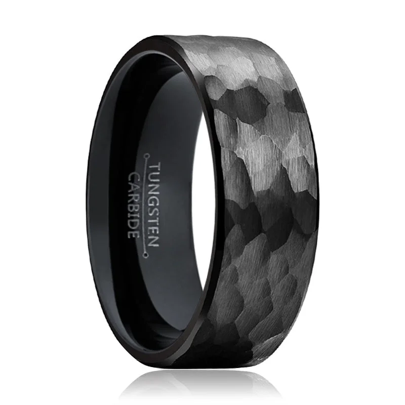 unique rings for women-BANDIT | Black Ring, Black Tungsten Ring, Hammered, Flat