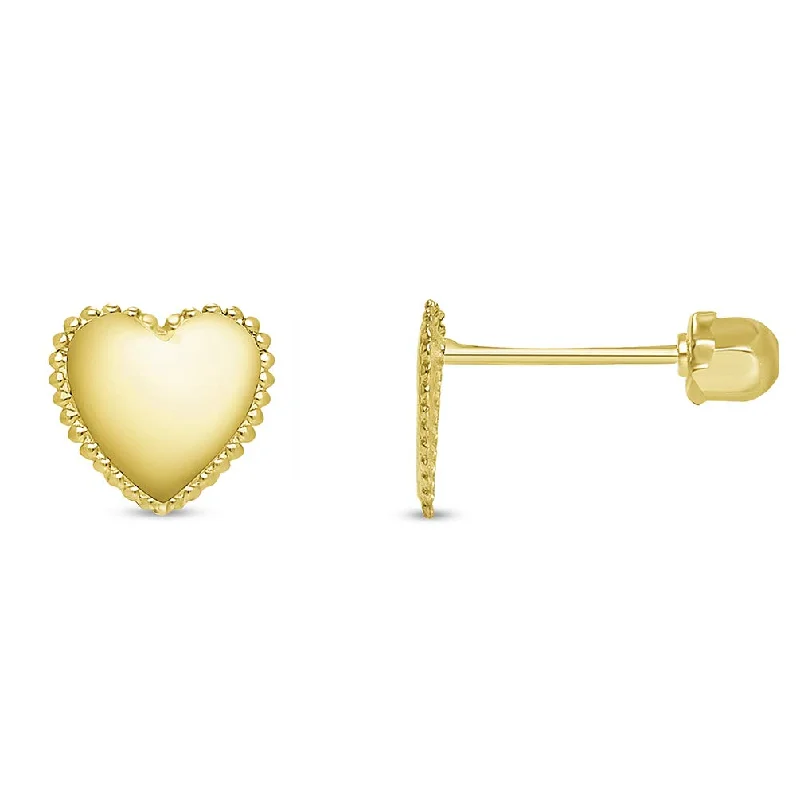 chic dangling earrings for women-14k Yellow Gold Beaded Heart Stud Love Earrings with Screw Back