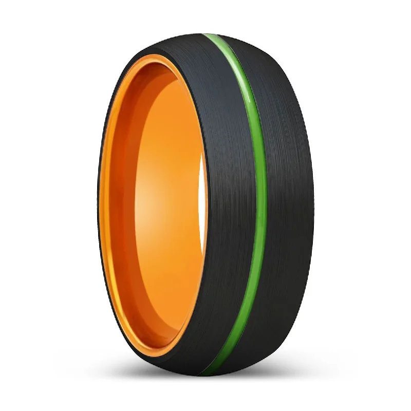 large statement rings for women-TOUCAN | Orange Ring, Black Tungsten Ring, Green Groove, Domed