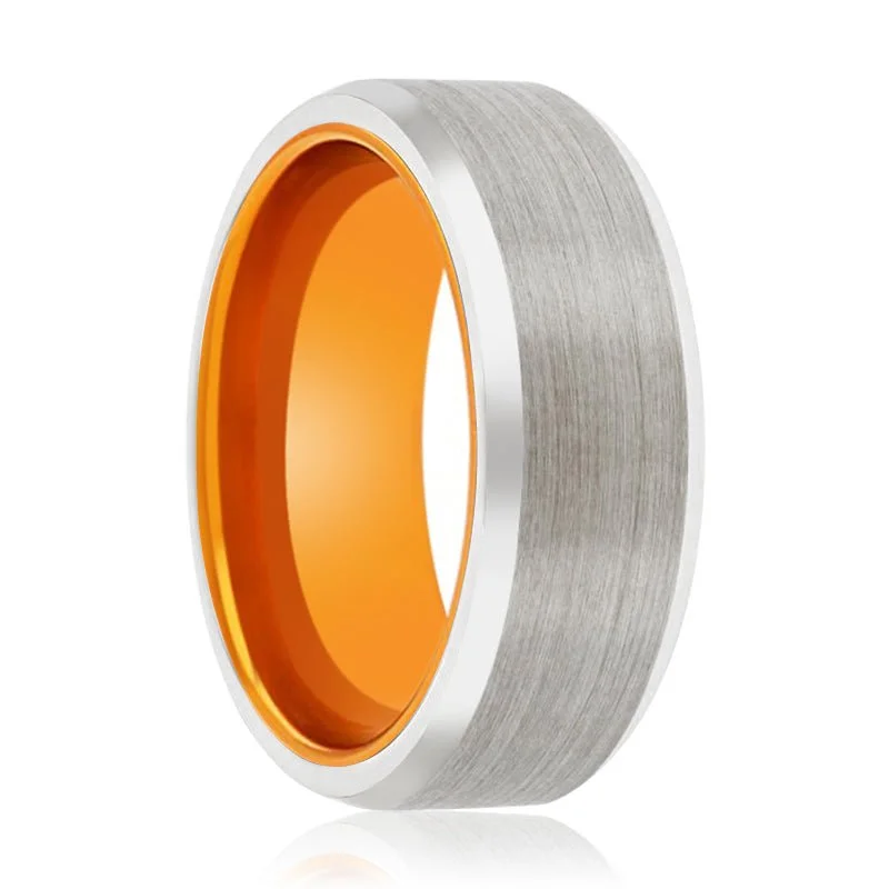 engagement rings for women-CARMELLO | Orange Ring, Silver Tungsten Ring, Brushed, Beveled