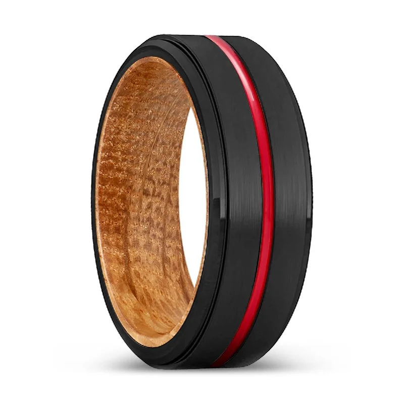 fashion gemstone rings for women-WONDER | Whiskey Barrel Wood, Black Tungsten Ring, Red Groove, Stepped Edge