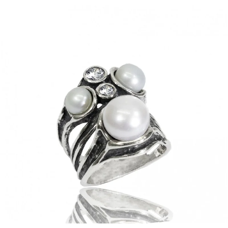 beautiful rings for women-Shablool Designer Silver, White Zirconia and Pearl Ring - R01309