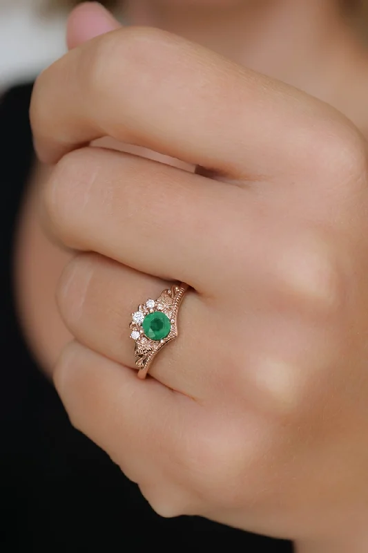 luxury diamond engagement rings for women-Natural emerald engagement ring, ivy leaves diamond ring / Ariadne