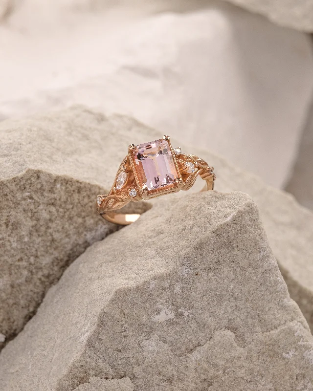 custom engagement rings for women-Nature inspired engagement ring with morganite, rose gold engagement ring with diamonds / Patricia