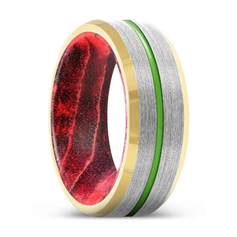 trendy rings for women-VALENTE | Black & Red Wood, Silver Tungsten Ring, Green Groove, Gold Beveled Edge