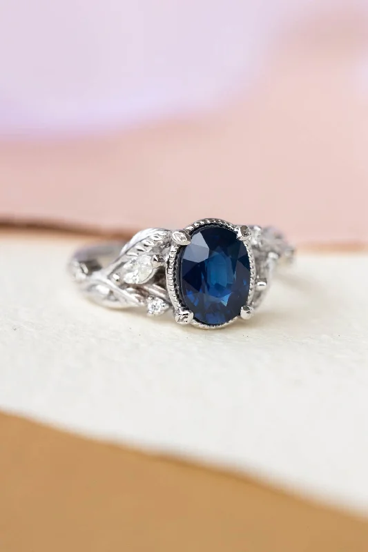 rose gold engagement rings for women-Royal blue sapphire engagement ring, nature inspired white gold proposal ring with diamonds / Patricia