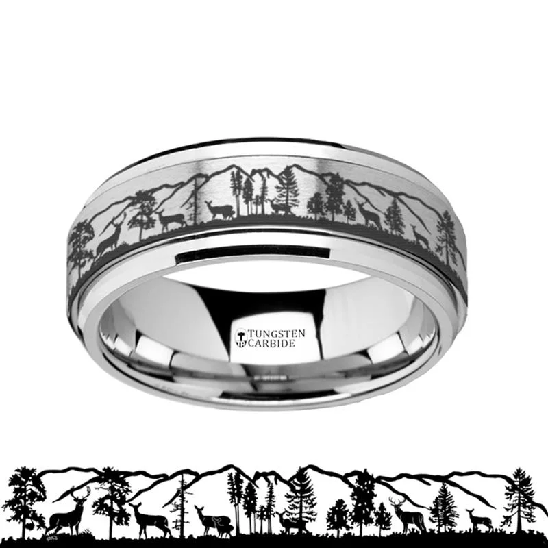 trendy promise rings for women-Spinning Engraved Animal Landscape Scene Roaming Deer Stag Men's Tungsten Wedding Band - 8MM