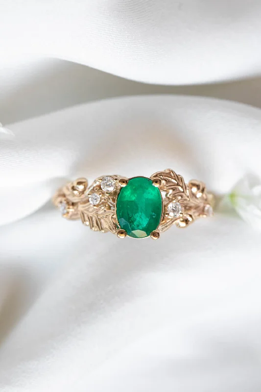 halo engagement rings for women-Natural emerald oak leaves engagement ring, gold ring with diamonds and acorns / Silviya