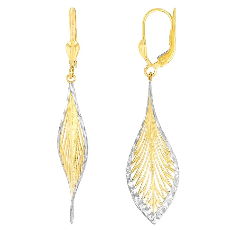 minimalist earrings for women-Textured 14K Gold Two-Tone Curved Spiral Leaf Dangle Earrings - Yellow Gold