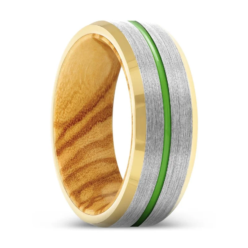 modern diamond rings for women-VESTIGE | Olive Wood, Silver Tungsten Ring, Green Groove, Gold Beveled Edge