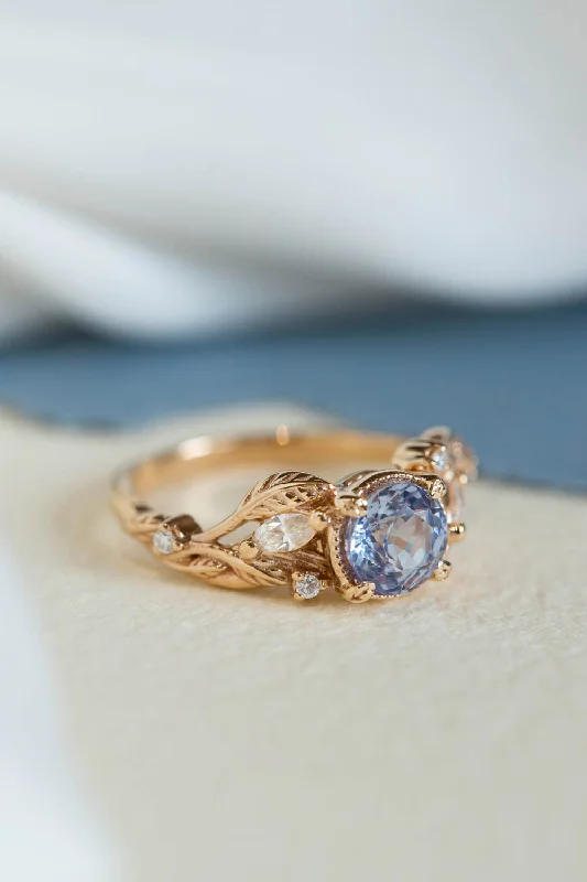 bridal engagement rings for women-Natural lavender sapphire engagement ring, gold leaves ring with diamonds / Patricia