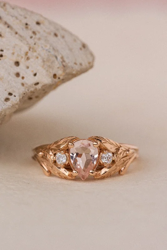 halo engagement rings for women-Rose morganite and side diamonds engagement ring / Wisteria