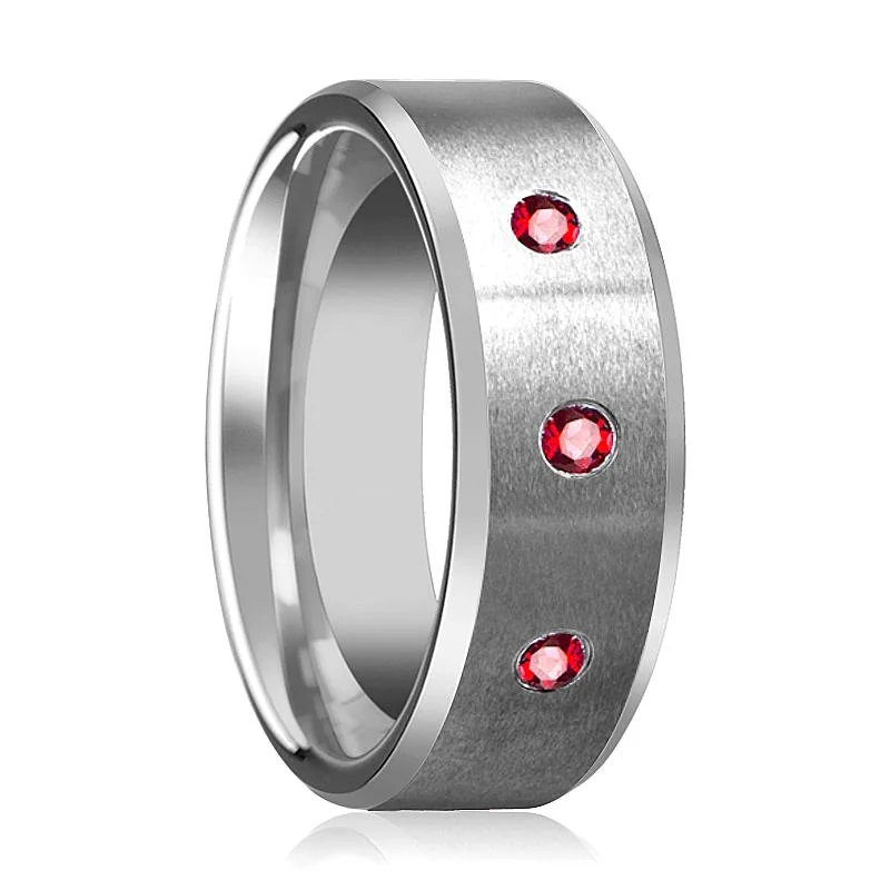 delicate rings for women-Silver Brushed Satin Finish Men's Tungsten Wedding Band with 3 Red Ruby in Center and Bevels - 8MM