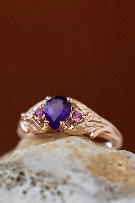 vintage-inspired engagement rings for women-Pear amethyst engagement ring, gold leaf ring with pink tourmalines / Wisteria