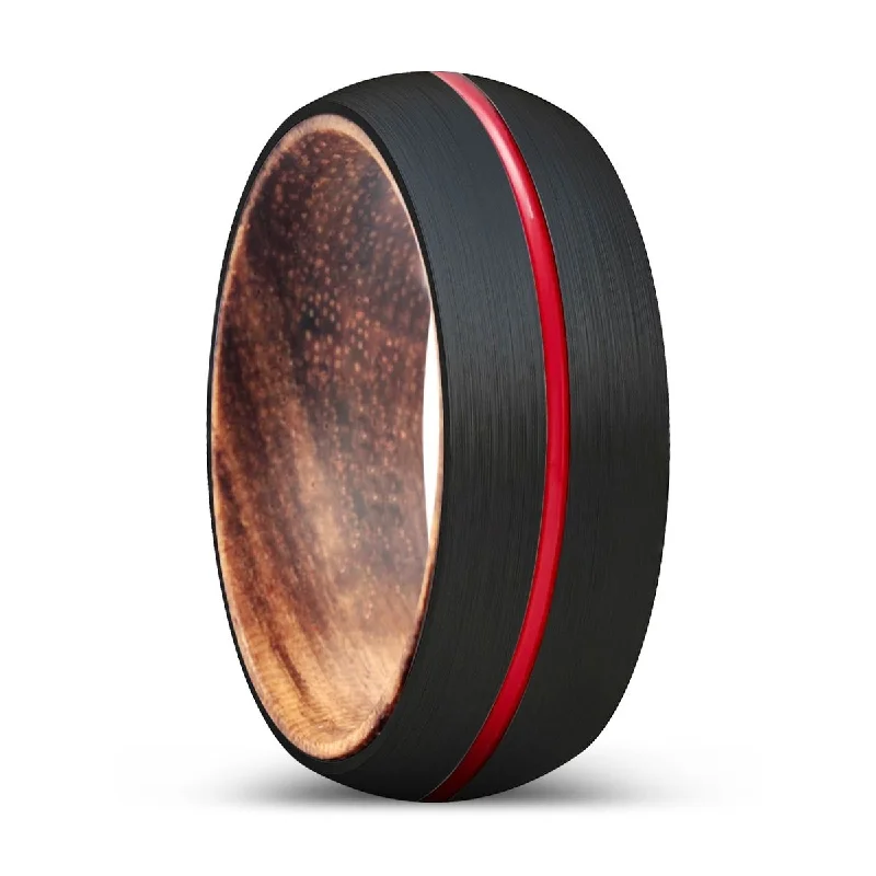 large gemstone rings for women-WEASEL | Zebra Wood, Black Tungsten Ring, Red Groove, Domed